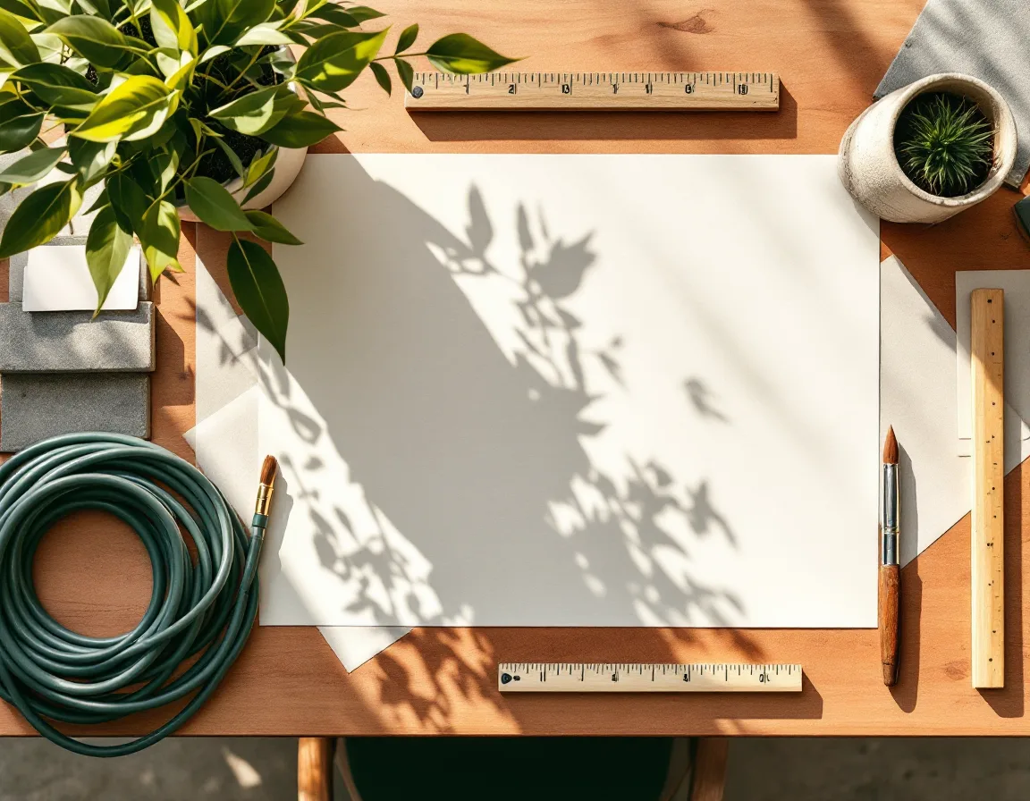 A landscape design desk with a hand-drawn planting plan, stone sample, drip tubing and drafting tools